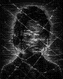 A fractured, corrupted monochrome portrait